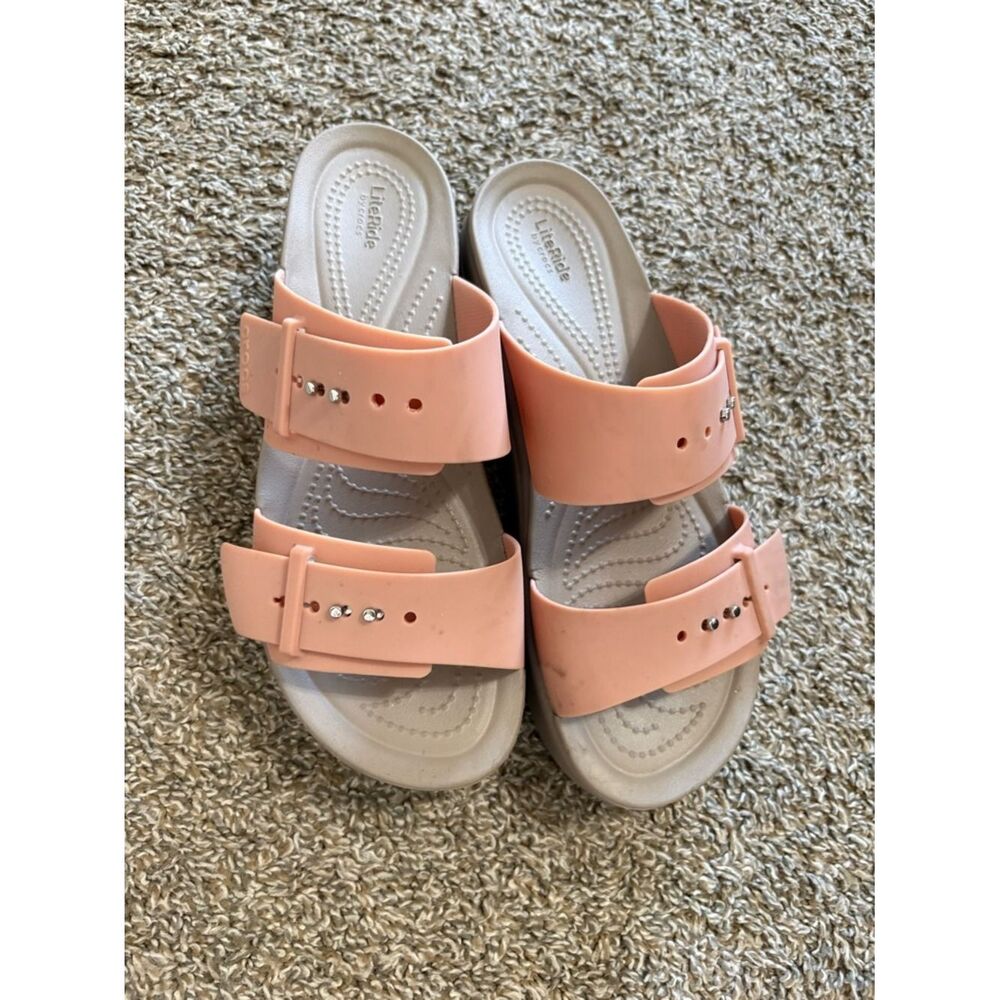 CROCS Peach Dual-Buckle Espadrille Slide Sandals